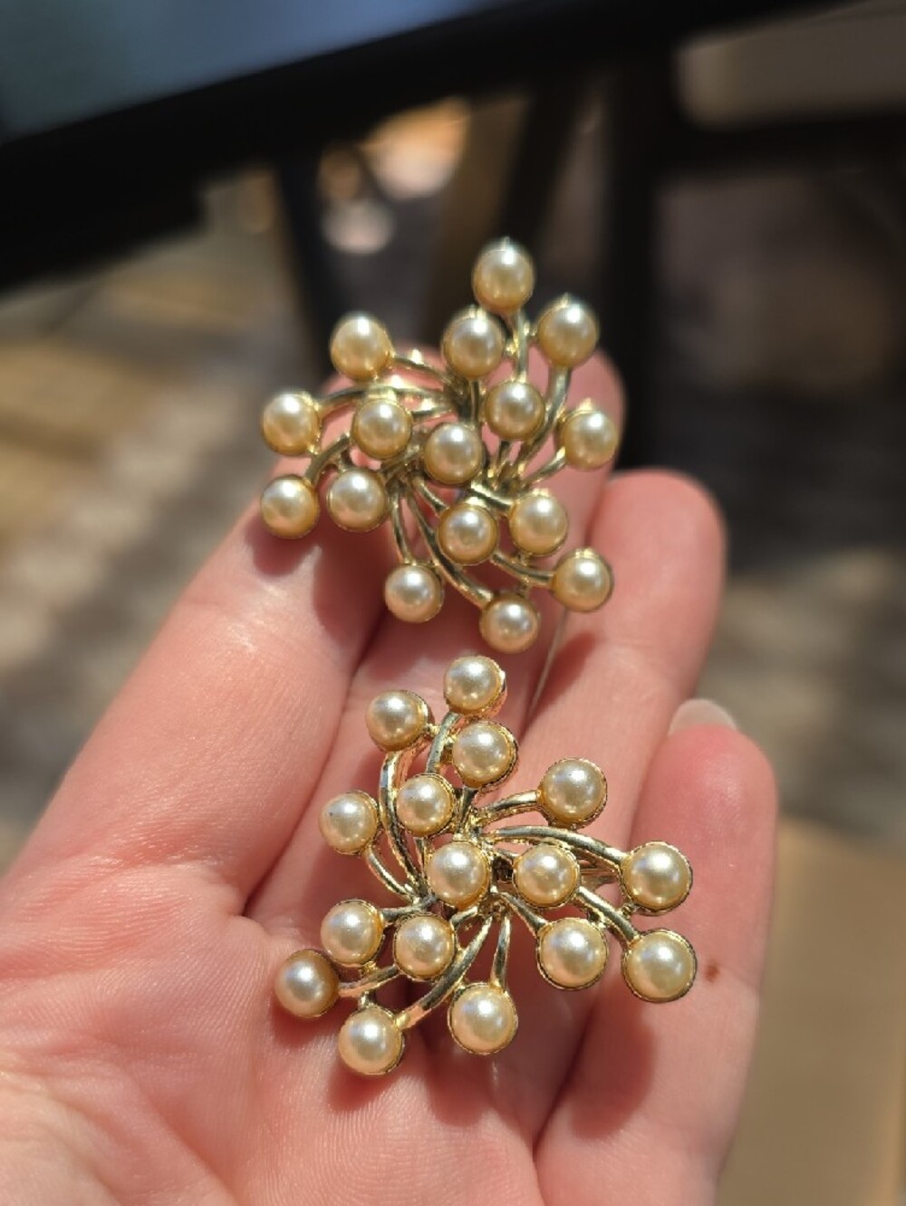 pair of vintage Emmons "Pearly Pinwheel" cluster clip-on earrings